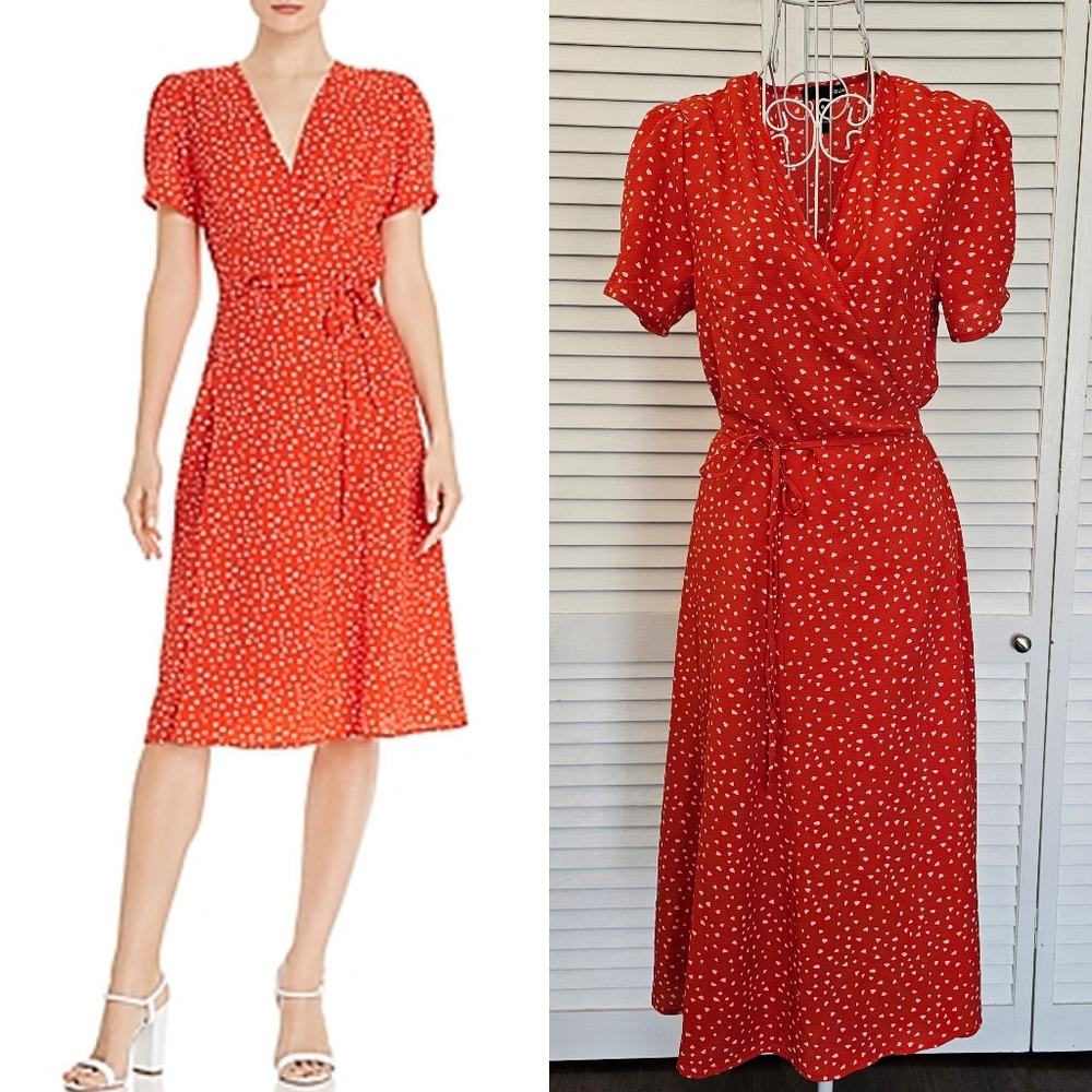 Aqua Women Heart Polka Dot Puff Sleeves French Wrap Red White Midi Dress Size M